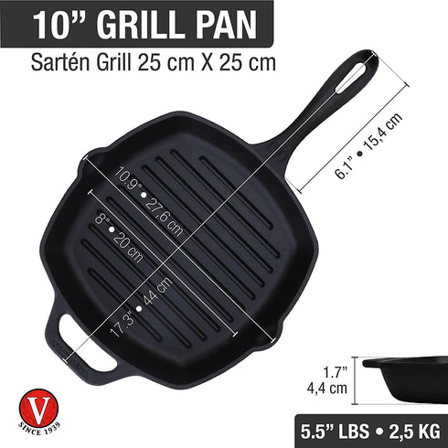 Victoria Cast Iron Grill Pan. Square Grill Pan, Seasoned with 100% Kosher Certified Non-GMO Flaxseed Oil, Black